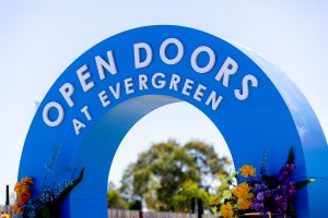 Blue arch way with branding